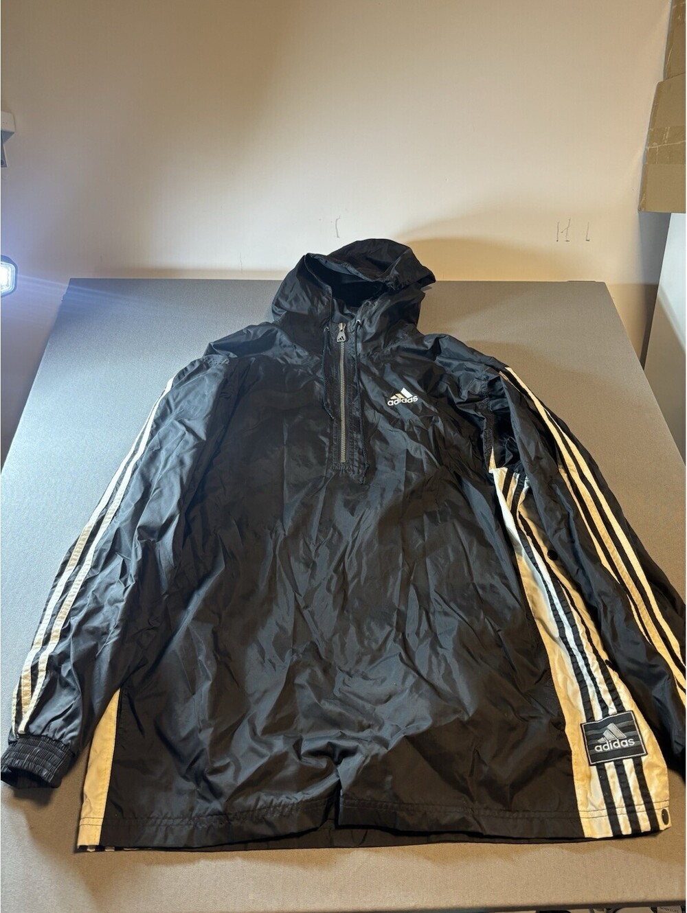 Adidas Navy Black Windbreaker Quarter Zip Jacket with Hood Stripes L